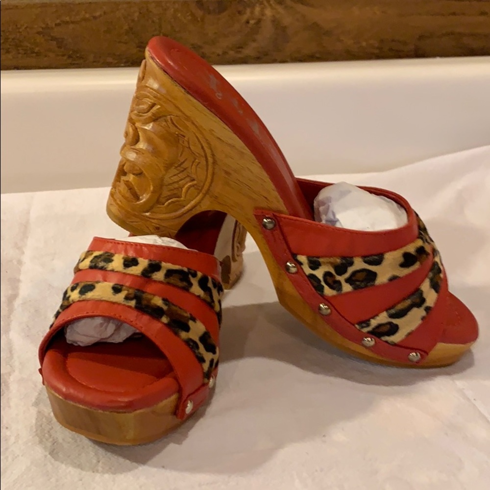 Rockabilly Lucky Lou Shoes Red/Leopard Tiki Wedges